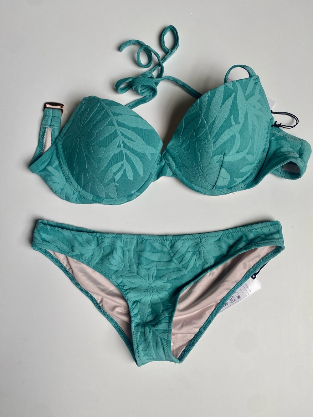 Target Teal Textured Leaf-Pattern Bikini Set small bottoms 32DD top